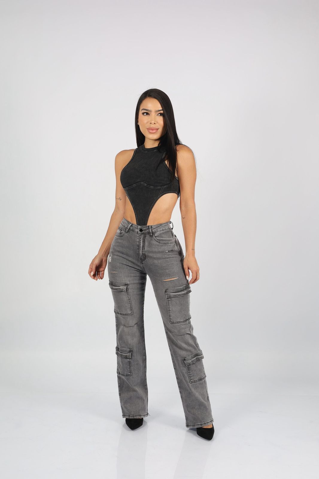 Jeans Cargo Paris Gris Destroyed