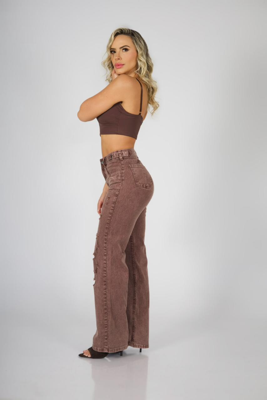 Jeans Wide Leg ajustable destroyed Coffee - Vista 2